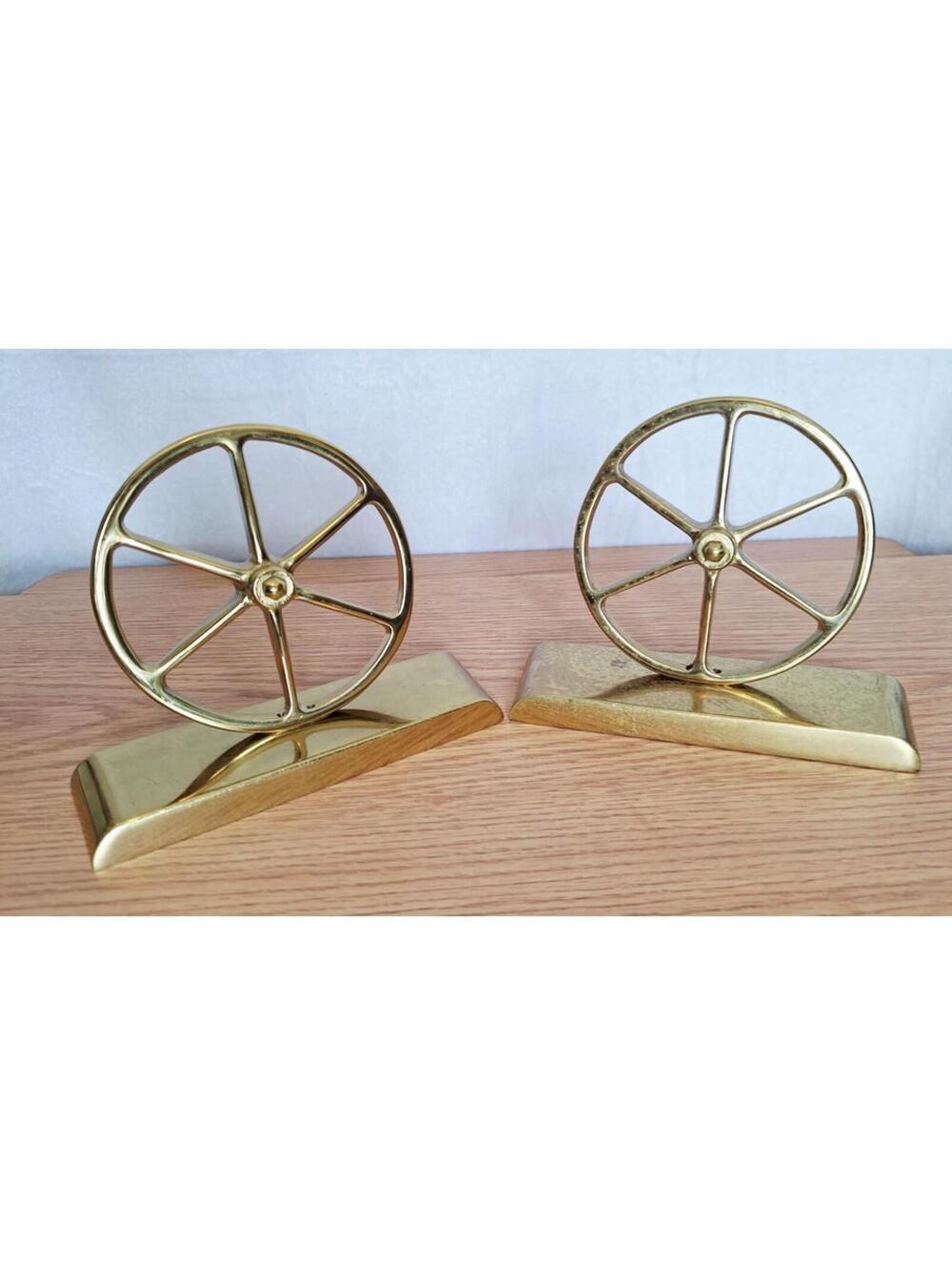Virginia Metalcrafters VTG Brass Wagon Wheel Bookends Colonial Williamsburg 8-13